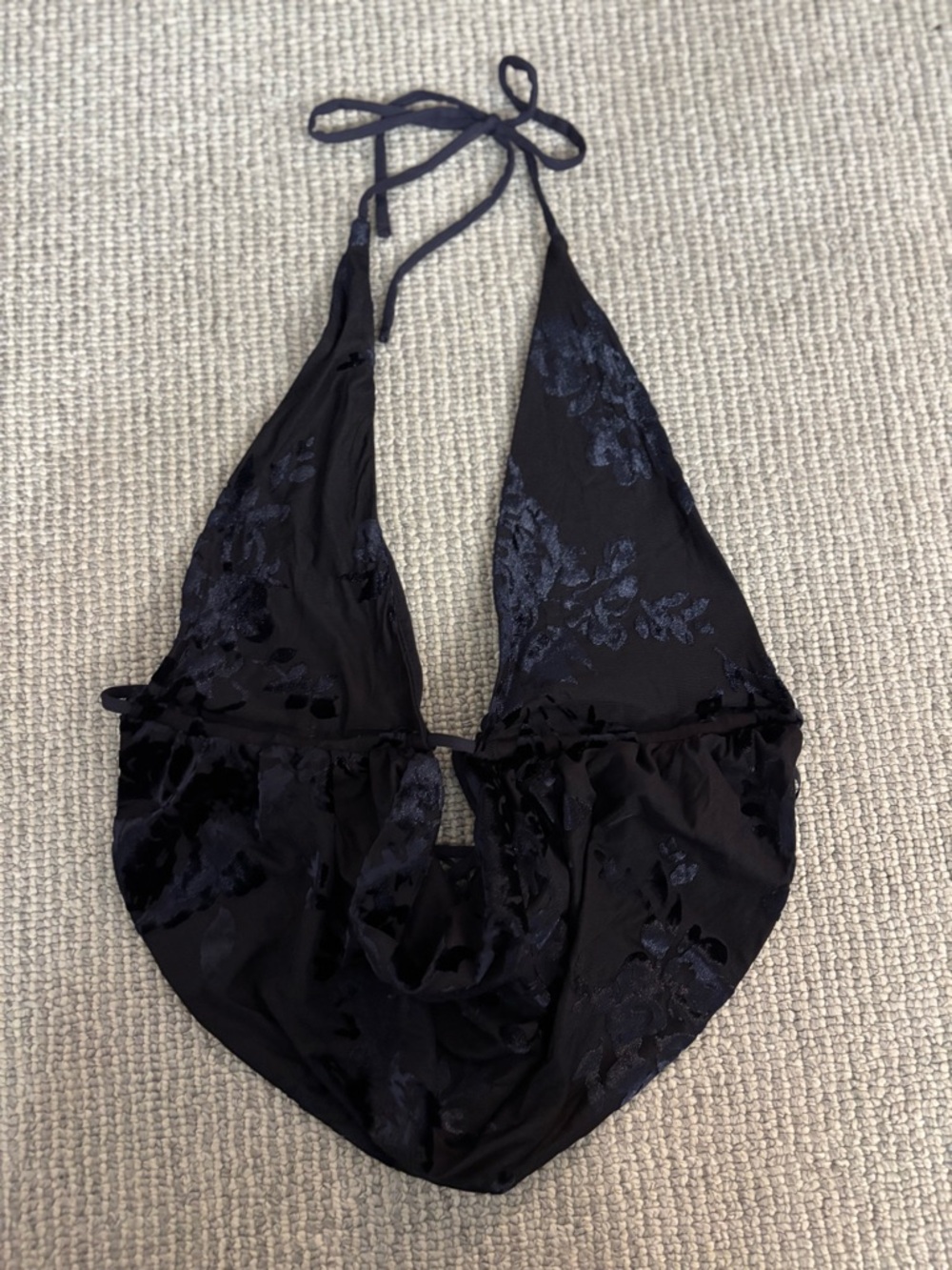 Black Floral Burnout Velvet Halter Top Cowl Neck Backless Tie - XS